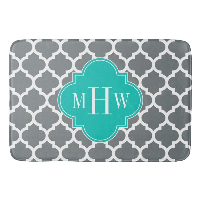 Charcoal White Moroccan #5 Teal Initial Monogram Bath Mat (Front)