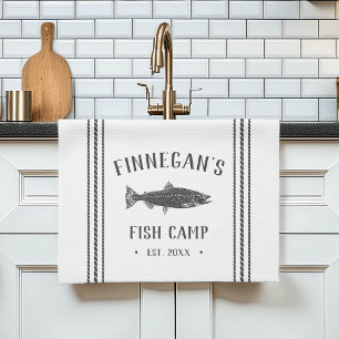 Charcoal & White Rustic Fish Camp Personalised Tea Towel
