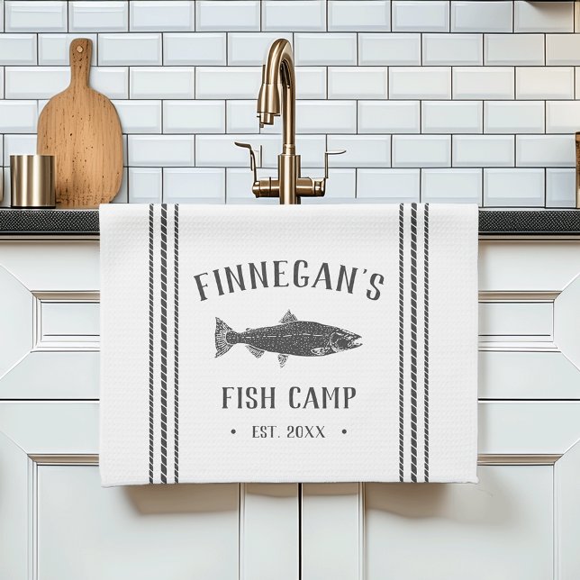 Charcoal & White Rustic Fish Camp Personalised Tea Towel (Creator Uploaded)