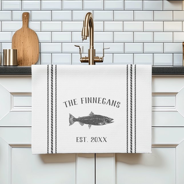 Charcoal & White Rustic Fish Personalised Tea Towel (Creator Uploaded)