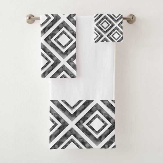 Charcoal White Watercolor Diamond Geometric Bath Towel Set (Insitu)