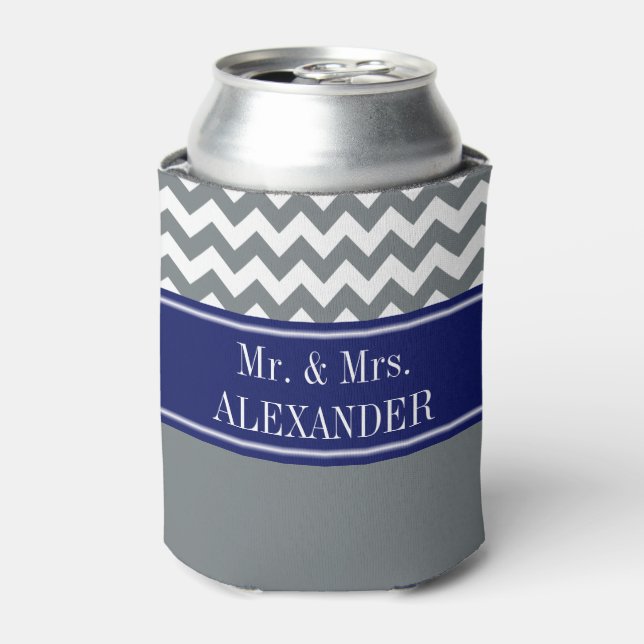 Charcoal Wht Chevron CB Navy Name Monogram Can Cooler (Can Front)