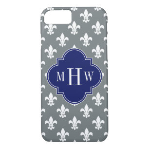 Charcoal Wht Fleur de Lis Navy 3 Init Monogram iPhone 8/7 Case