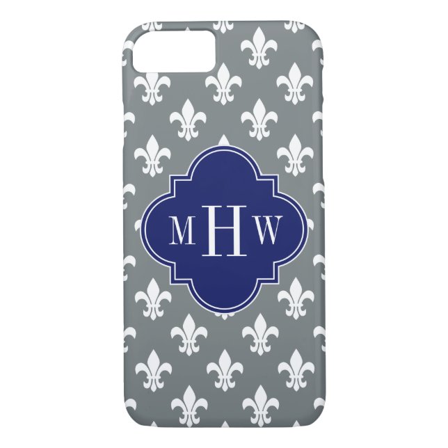 Charcoal Wht Fleur de Lis Navy 3 Init Monogram Case-Mate iPhone Case (Back)