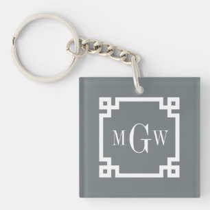 Charcoal Wht Greek Key #2 Framed 3 Init Monogram Key Ring