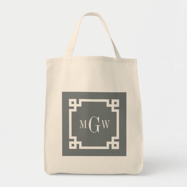Charcoal Wht Greek Key #2 Framed 3 Init Monogram Tote Bag (Front)