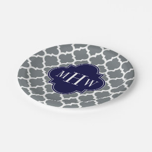 Charcoal, Wht Moroccan #5 Navy 3 Initial Monogram Paper Plate