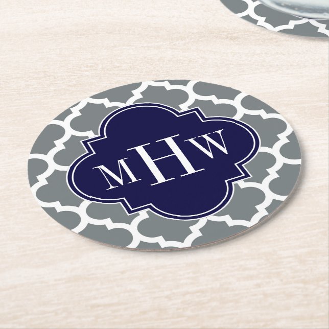 Charcoal, Wht Moroccan #5 Navy 3 Initial Monogram Round Paper Coaster (Angled)