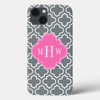 Charcoal Wht Moroccan #6 Hot Pink 3 Init Monogram iPhone 13 Case