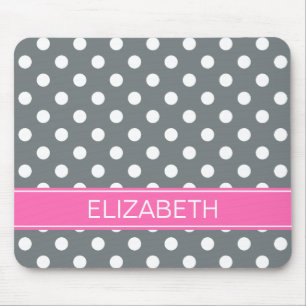 Charcoal Wht Polka Dots #2 Hot Pink Name Monogram Mouse Mat