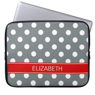 Charcoal Wht Polka Dots #2 Red Name Monogram Laptop Sleeve