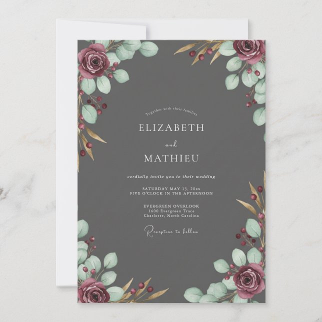 Charcoal Wine Petal Wedding Invitation (Front)