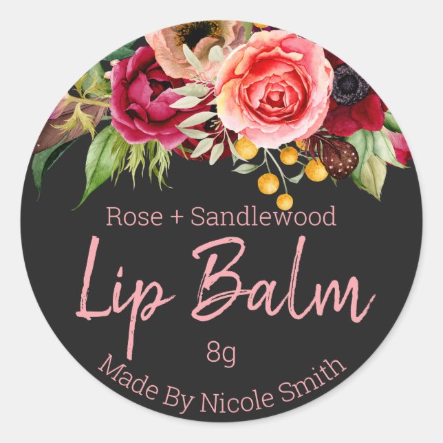 Charcoal With Colourful Bouquet Lip Balm Classic Round Sticker (Front)