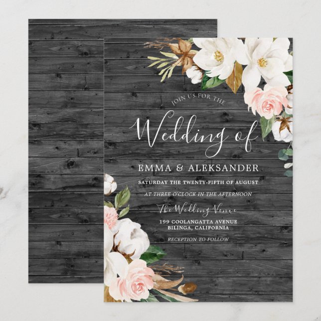 Charcoal Wood Blush & White Flowers Wedding Invitation (Front/Back)