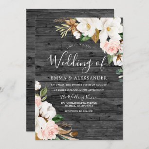 Charcoal Wood Blush & White Flowers Wedding Invitation
