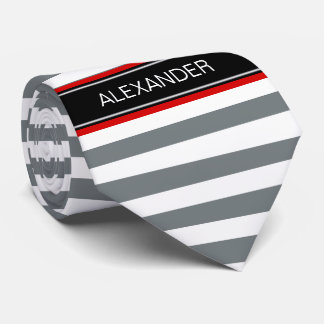 Charcoal Wt Horz Preppy Stripe Black Name Monogram Tie