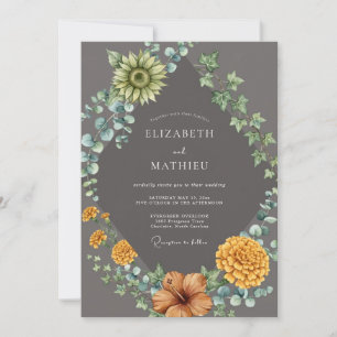 Charcoal Yellow Marigold Eucalyptus Wedding Invitation