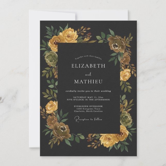 Charcoal Yellow Ranunculus Eucalyptus Wedding Invitation (Front)