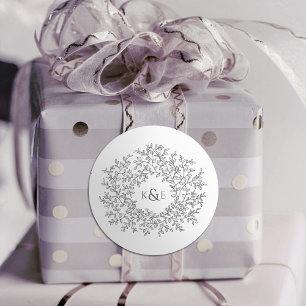 Charcol grey hand drawn leaf monogram art wedding classic round sticker