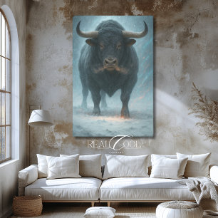 Charging Bull in Snow Winter Blue Western Art Canvas Print