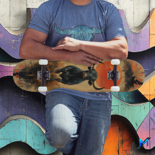 Charging Bull Under Fiery Sunset, Retro Power  Skateboard