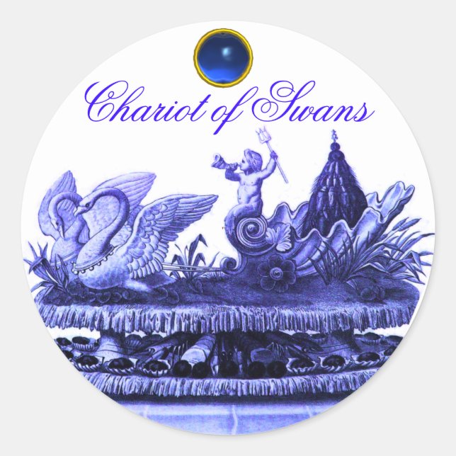 CHARIOT OF SWANS AND CUPCAKES BLUE BEACH WEDDING CLASSIC ROUND STICKER (Front)
