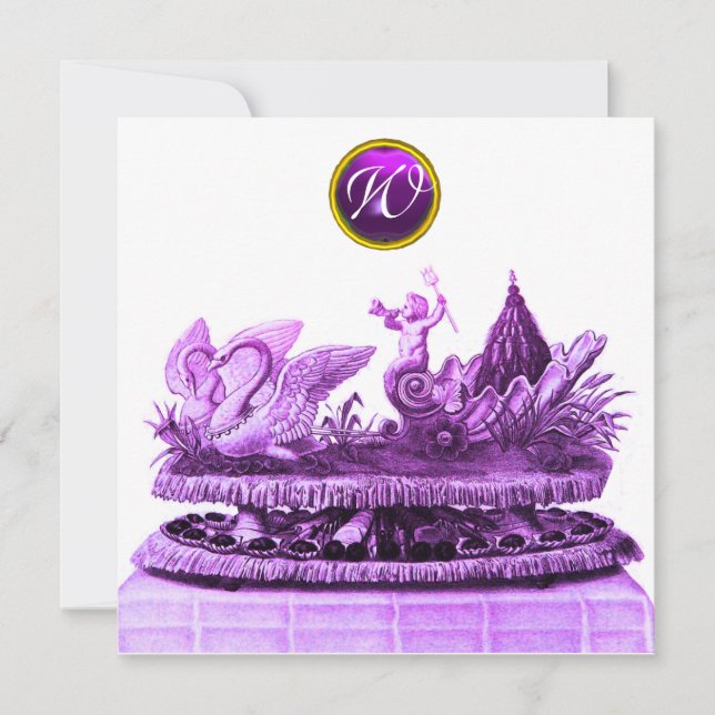 CHARIOT OF SWANS AND CUPCAKES PURPLE BEACH WEDDING INVITATION (Front)
