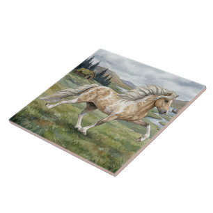 Charismatic Pinto Icelandic Mare watercolor Tile