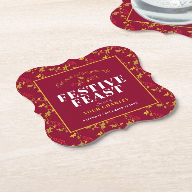 Charity Festive Feast gold red Christmas  Paper Coaster (Angled)