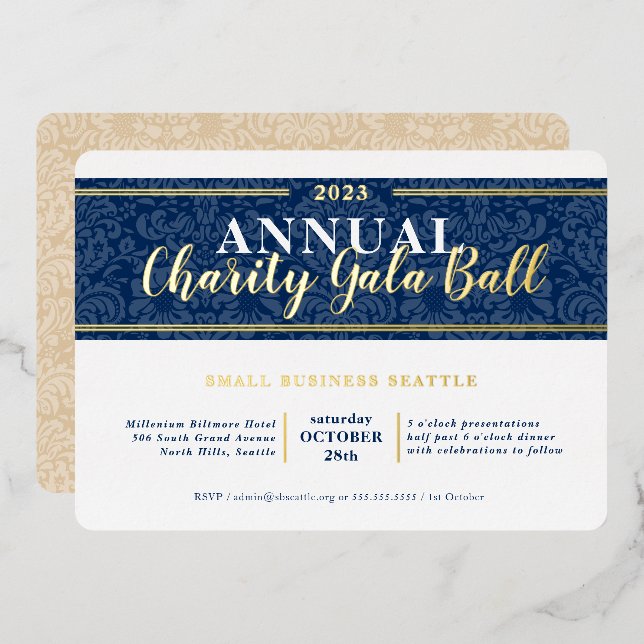CHARITY GALA BALL elegant event navy blue gold (Front/Back)