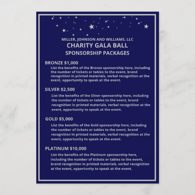 Charity Gala Ball Sponsorship Blue Silver Star Announcement (Front)
