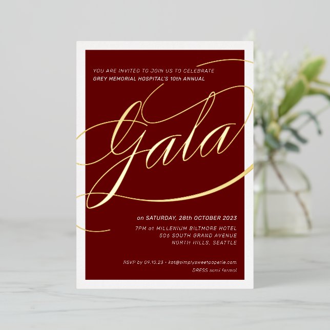 CHARITY GALA elegant calligraphy burgundy red gold (Standing Front)