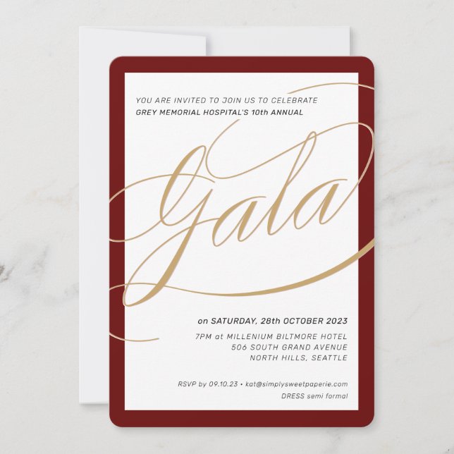 CHARITY GALA elegant formal calligraphy maroon Invitation (Front)
