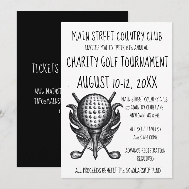 Charity Golf Tournament Sporting Event Ball Clubs Invitation (Front/Back)