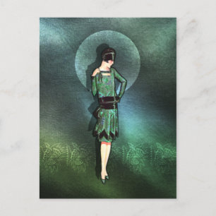 CHARLA, Art Deco Lady in Sage Green and Teal Postcard