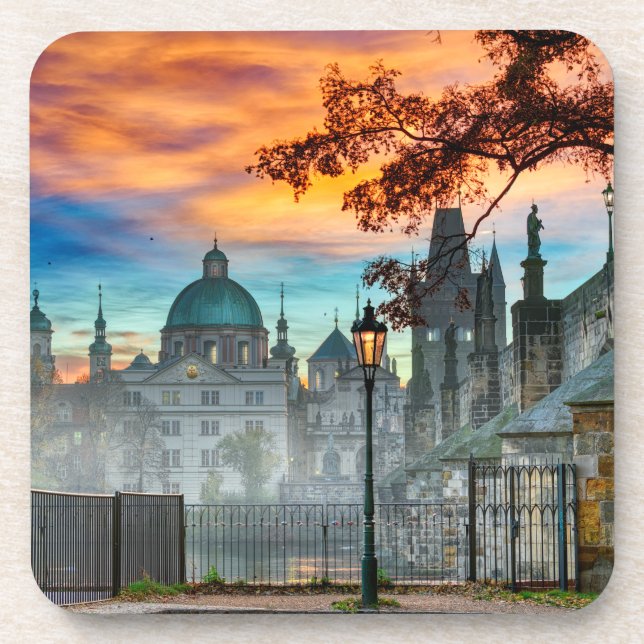 Charles Bridge in the Morning Hard plastic coaster (Front)
