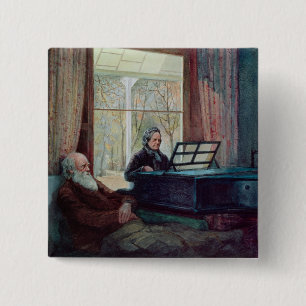 Charles Darwin and his wife at the Piano 15 Cm Square Badge