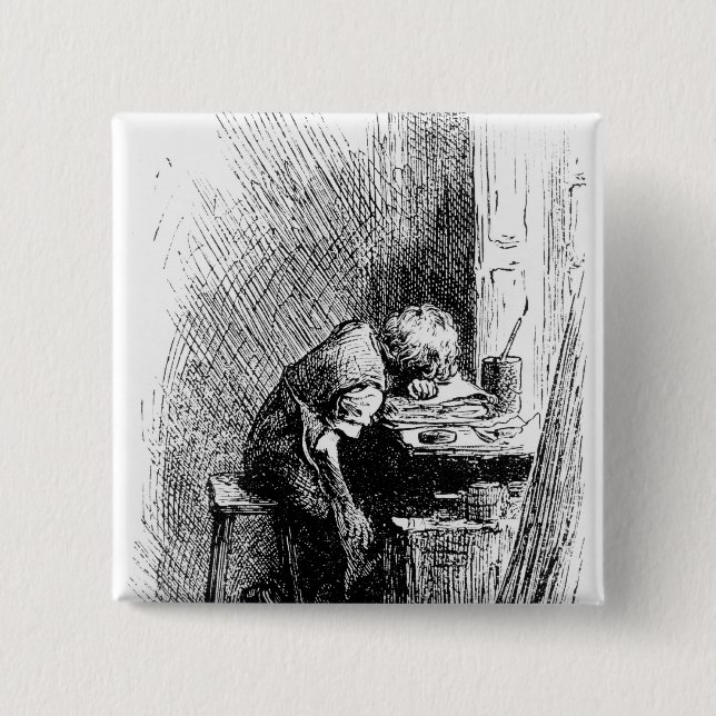 Charles Dickens at the Blacking Factory an 15 Cm Square Badge (Front)