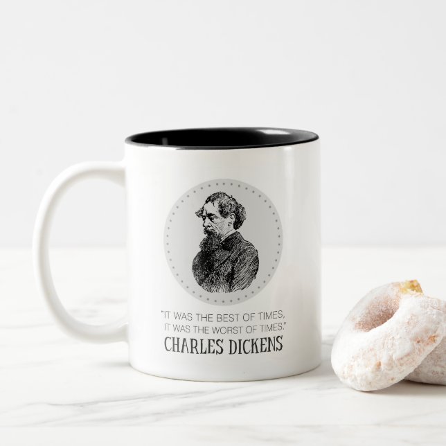 Charles Dickens Portrait and Quote Two-Tone Coffee Mug (With Donut)