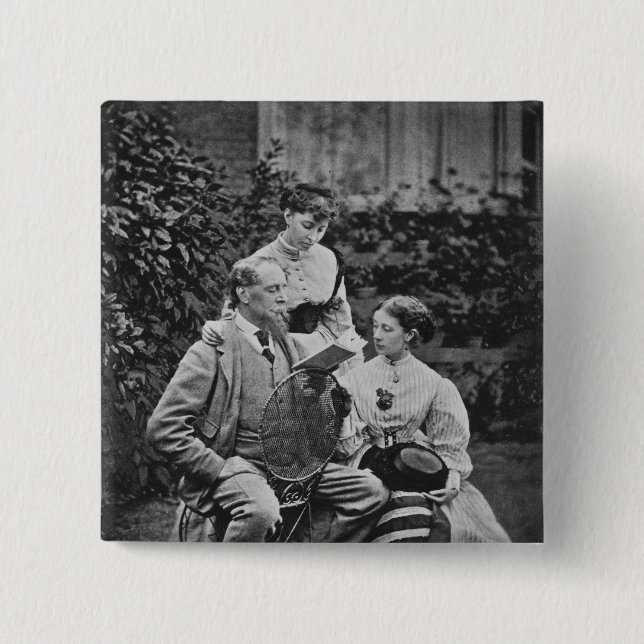 Charles Dickens with two of his daughters 15 Cm Square Badge (Front)