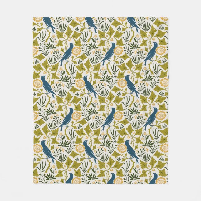 Charles Voysey Amongst the Leaves with Bluebirds Fleece Blanket (Front)