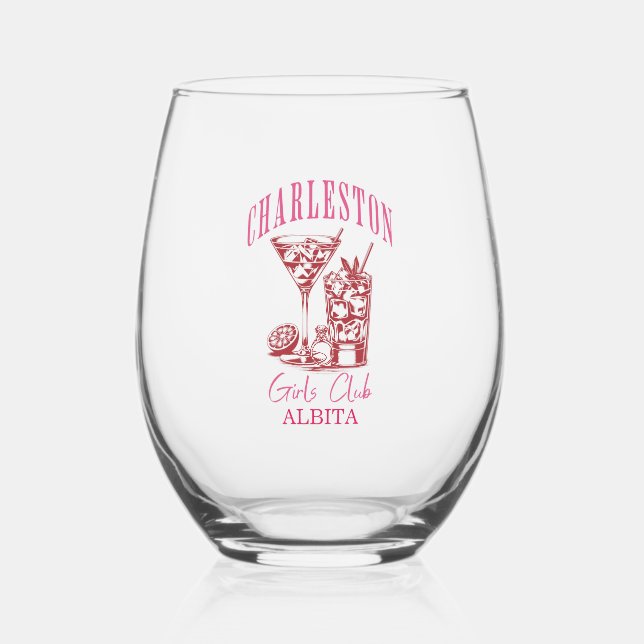 charleston bachelorette party stemless wine glass (Front)