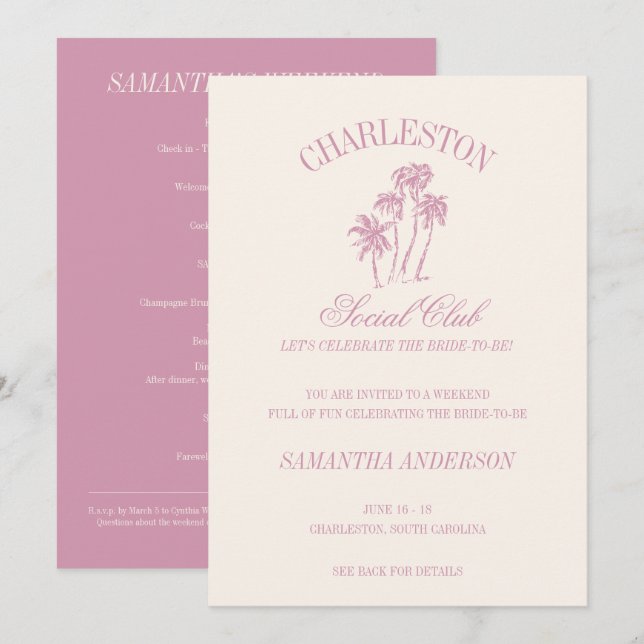 Charleston Bachelorette Weekend Pink Social Club Invitation (Front/Back)