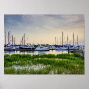 Charleston Harbour Boats Sunset Poster
