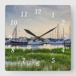 Charleston Harbour Boats Sunset Square Wall Clock