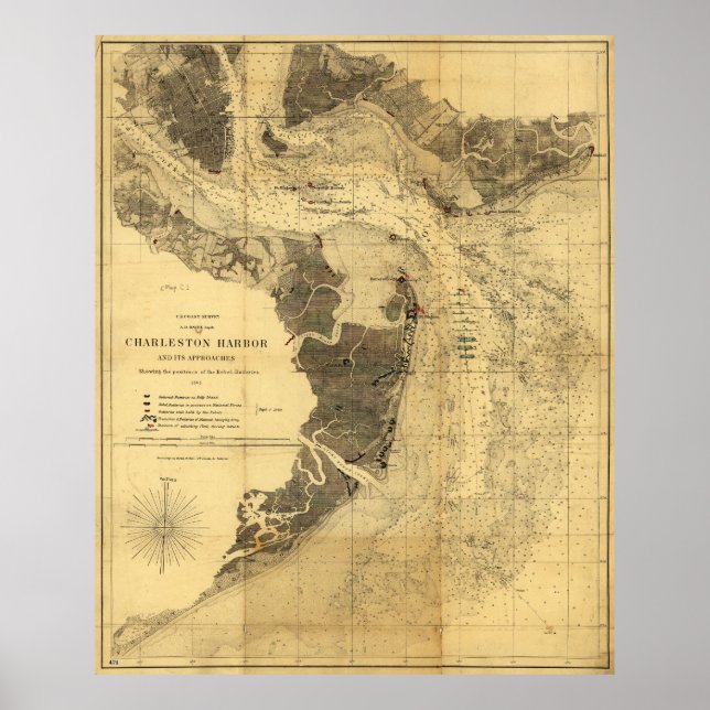 Charleston Harbour Civil War Map Sept. 7, 1863 Poster (Front)