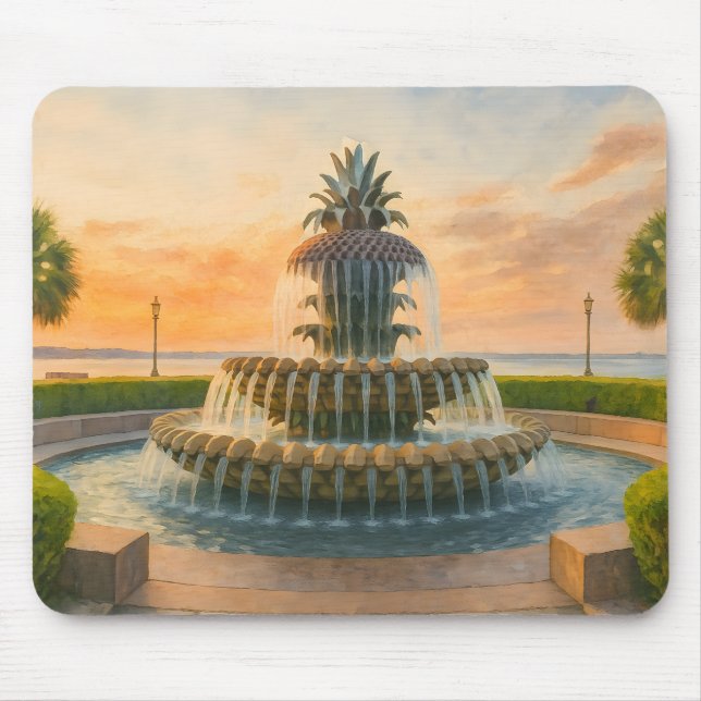 Charleston Pineapple Fountain Watercolor Mouse Mat (Front)