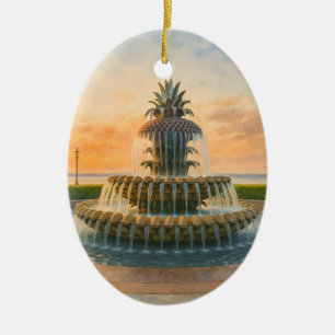 Charleston Pineapple Fountain Watercolor Sunset Ceramic Tree Decoration