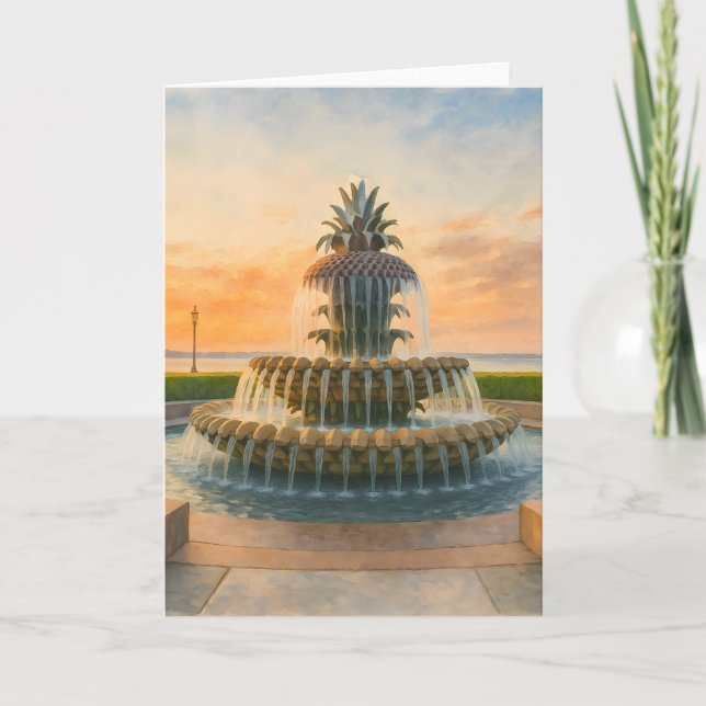 Charleston Pineapple Fountain Watercolor Sunset Holiday Card (Front)