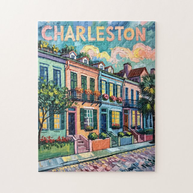 Charleston Rainbow Row Colorful Van Gogh Travel Jigsaw Puzzle (Vertical)